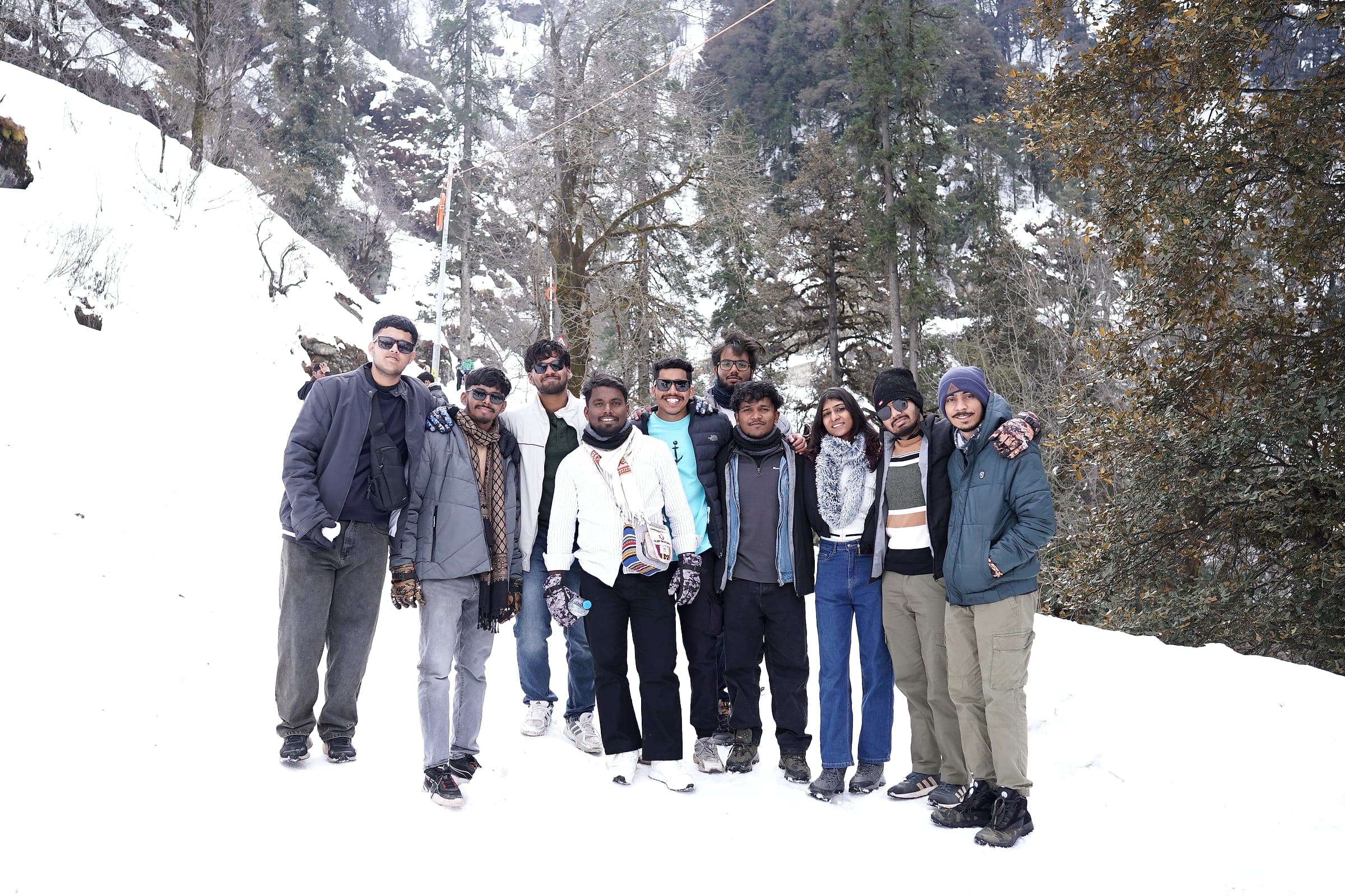 A group of travellers together on a snow-covered forest trail