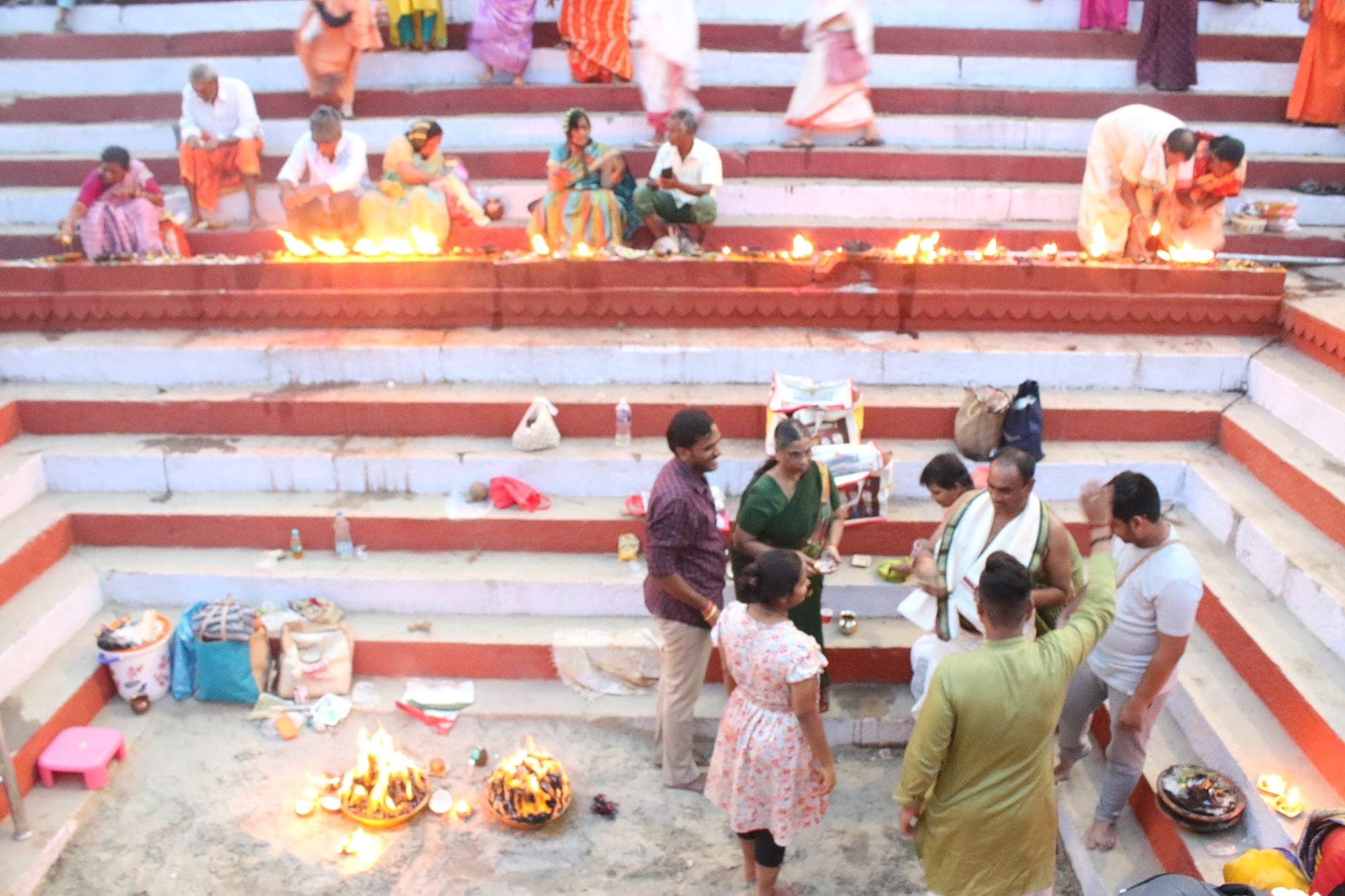 Lamps lit in rows along the ghats at Varanasi for Dev Deepawali