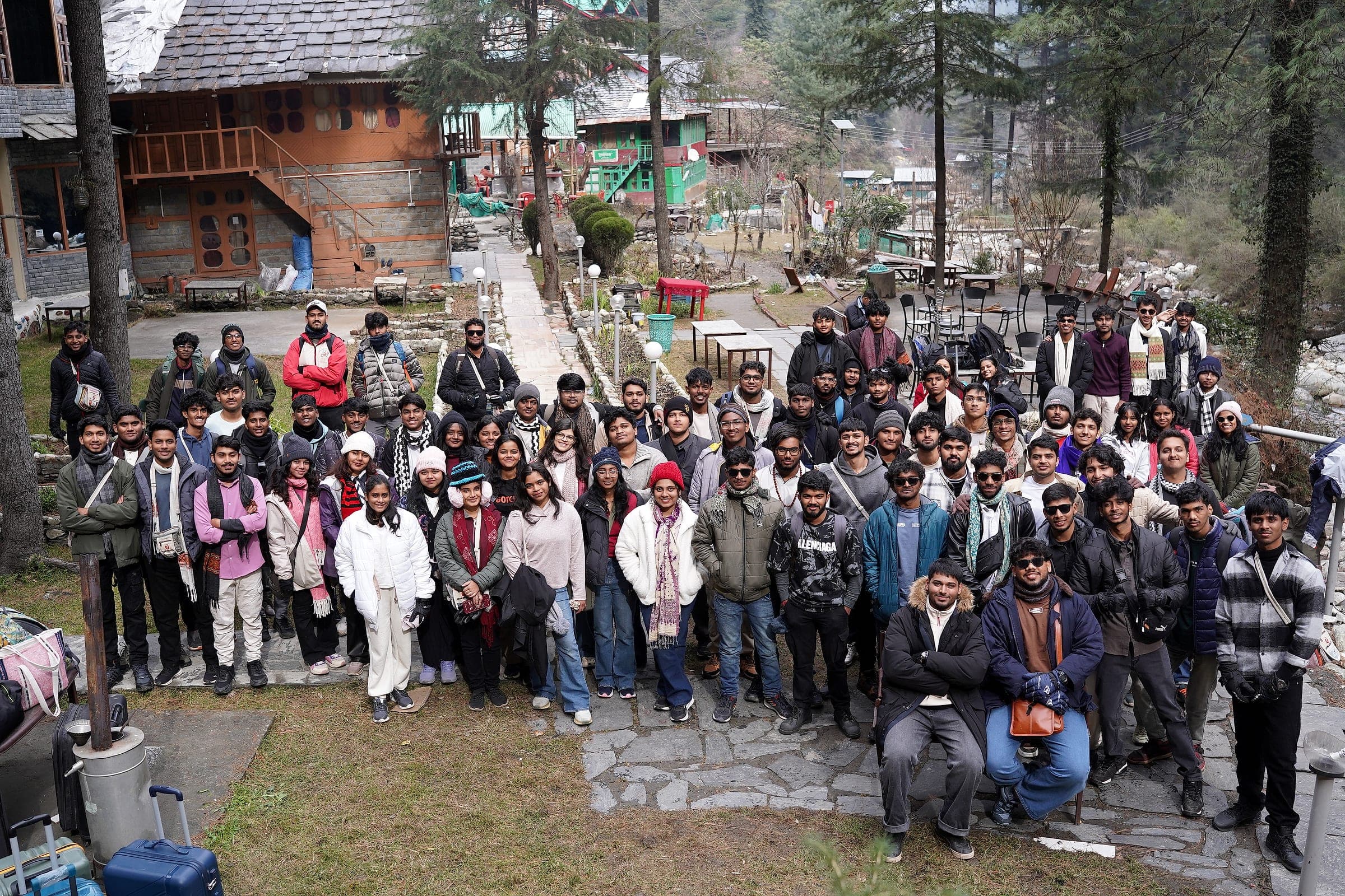 Around a hundred travellers gathered together in a Himachali village on an Explore Unexplored trip